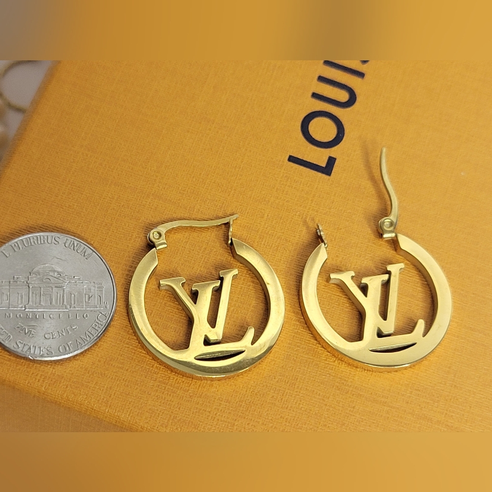 LV Monogram Gold Plated Hoop Earrings - Picture 3 of 3